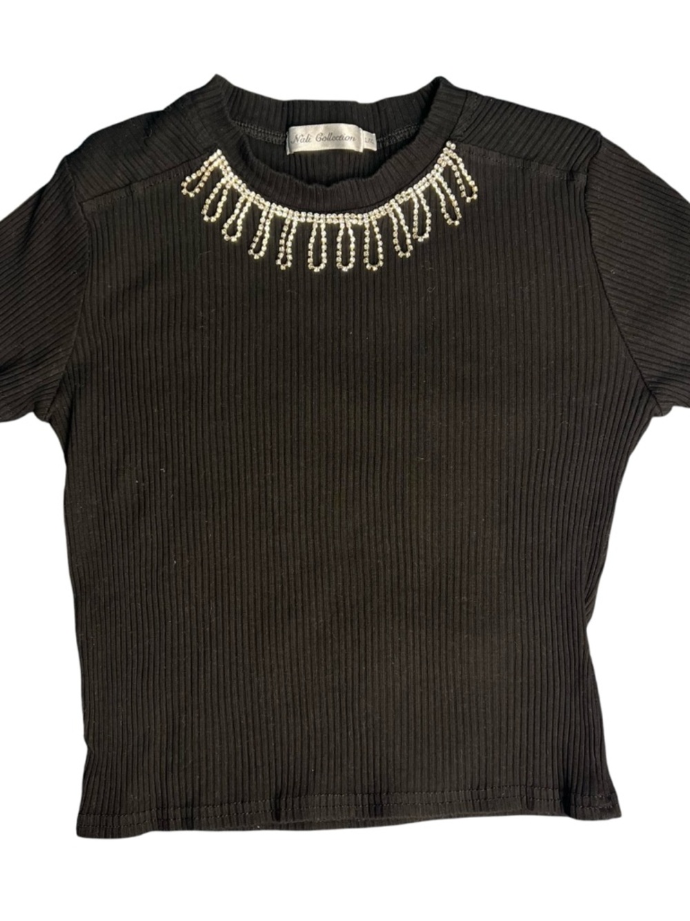 Ribbed Embellished Neck Tee